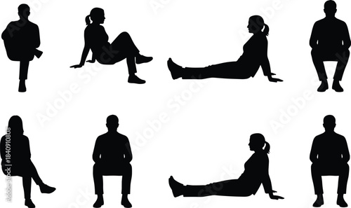 Male and female sitting silhouette collection in relaxed crossed legs and floor seated poses isolated on white background for yoga fitness and lifestyle stock use