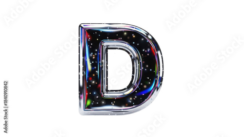 3d Shiny metallic letter d with colorful reflections and bubbles isolated on transparent background