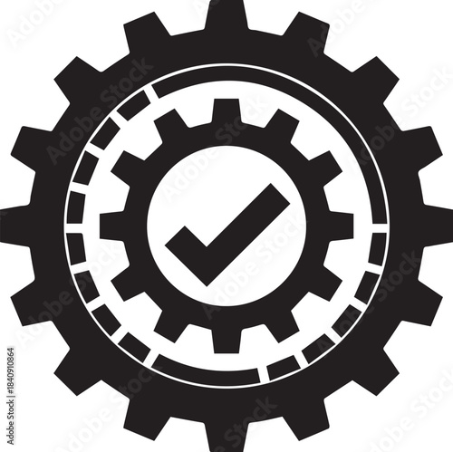 Mechanized Success: The intricate interlock of gears showcases the precision and reliability of modern industrial processes, symbolized by the check mark of success. 