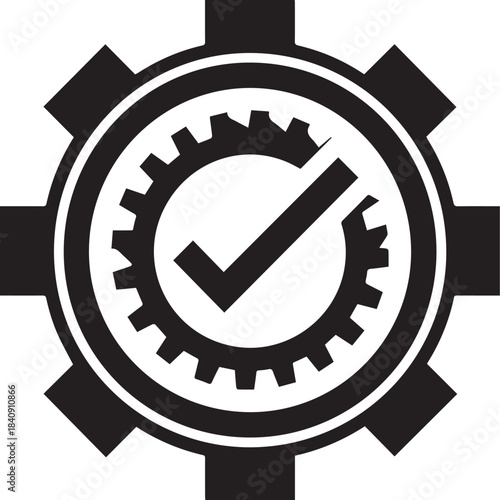 Mechanical Precision: A striking monochrome image of a gear and checkmark, symbolizes precision, accuracy, and the successful completion of a task.