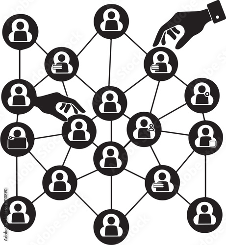 Networking Connections: Hands strategically connect with digital silhouettes of individuals, representing collaborative networks, online interactions, and interpersonal relationships.