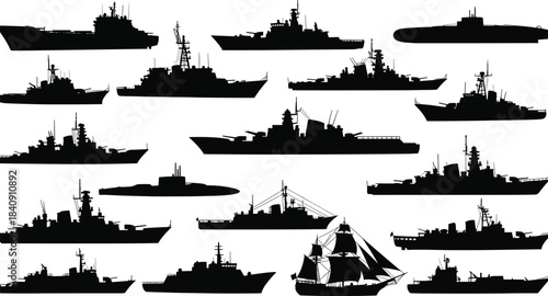 Professional scuba diver silhouettes vector illustration, set of people exploring the underwater world, swimming with bubbles, and taking photographs of the ocean.