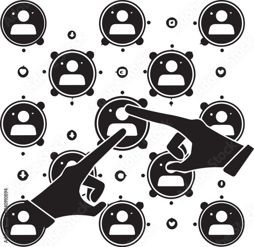 Connected Digital Interaction: A digital illustration showcases the interconnectedness of individuals within a network, symbolized by hands interacting with profiles.