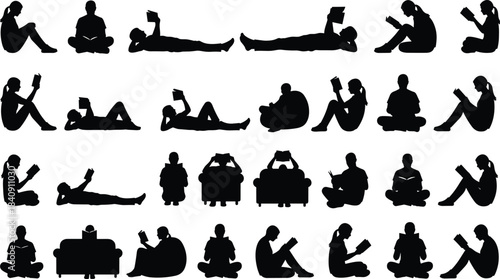 People silhouette collection showing reading books in sitting lying sofa and floor relaxing poses isolated on white background for education and lifestyle stock design use