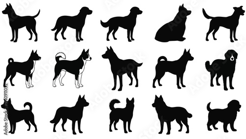 A diverse collection of dog breed silhouettes featuring various poses and styles