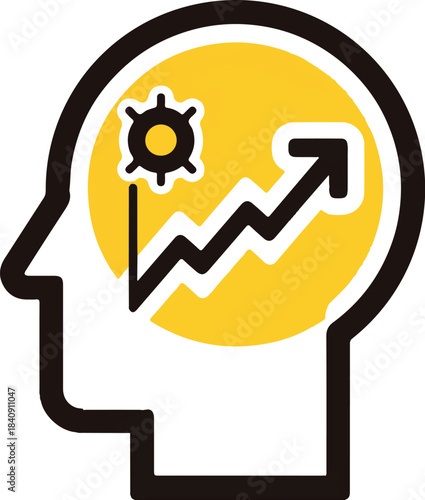 Mental Growth and Strategic Thinking: A stylized depiction of a human head, showcasing inner workings with gears and an upward-trending graph, symbolizing innovation and cognitive enhancement.