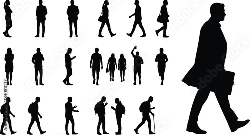 People silhouette collection with walking standing talking waving and phone using men and women in urban daily activity poses isolated