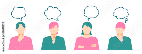 若い一般の男女が何かを考えているイラスト。吹き出し付き。フラットデザイン。