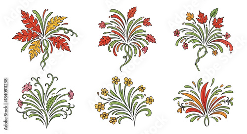Vintage-inspired botanical floral illustrations with elegant stem and leaf arrangements for decorative natural artwork