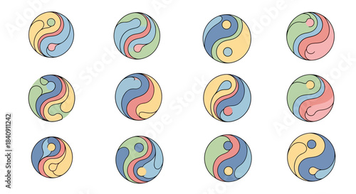 Circular swirl icons in vibrant pastel tones forming dynamic rotating patterns for abstract decorative design themes
