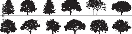Diverse Silhouette Collection: A collection of various tree silhouettes, each with unique forms and textures. Ideal for design.
