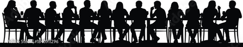 People silhouettes sitting together at long dining table in restaurant bar party scene, social gathering celebration vector illustration design