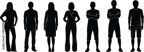 Standing people silhouette collection with men and women front view casual and confident poses isolated on white background for stock design use
