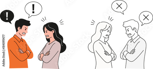 Couple argument illustration, angry people icon, emotional conflict concept, communication breakdown graphic, relationship tension, flat vector illustration