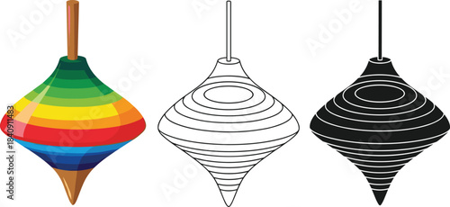 Spinning top toy, colorful top icon, silhouette top design, line art top, toy illustration set, flat vector illustration