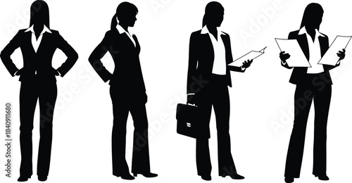 Business professional silhouettes, corporate posture icons, workplace activity illustration, suit and briefcase design, flat vector art, flat vector illustration