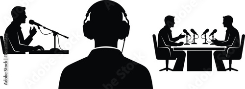 Podcasting and broadcasting illustration, solo and interview scenes, audio media concept, flat vector art, flat vector illustration