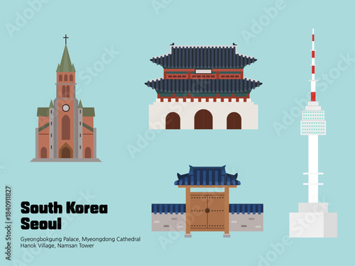 South Korea Seoul tourist attractions illustrations