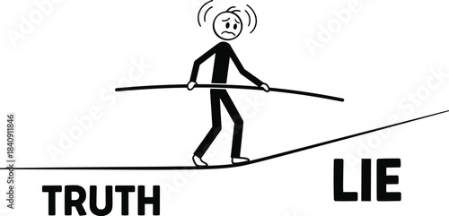 Truth vs lie tightrope illustration, moral dilemma concept, stick figure balance graphic, ethical tension art, flat vector illustration