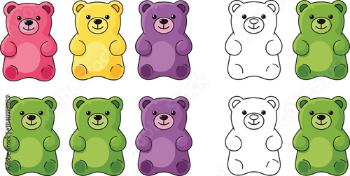 Gummy bear grid, colorful candy icon, cartoon bear illustration, pattern recognition activity, kids coloring sheet, flat vector illustration