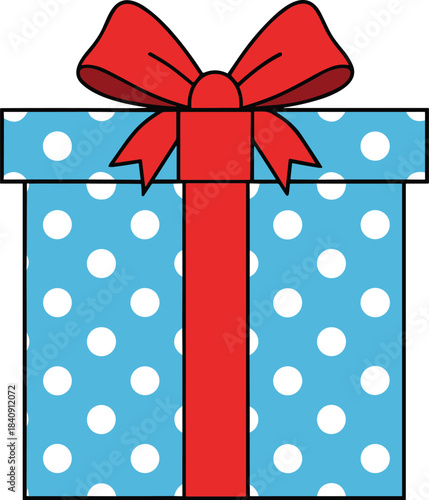Christmas Gift Box with Red Bow and Polka Dots – Isolated on Transparent Background Holiday Present Vector Illustration