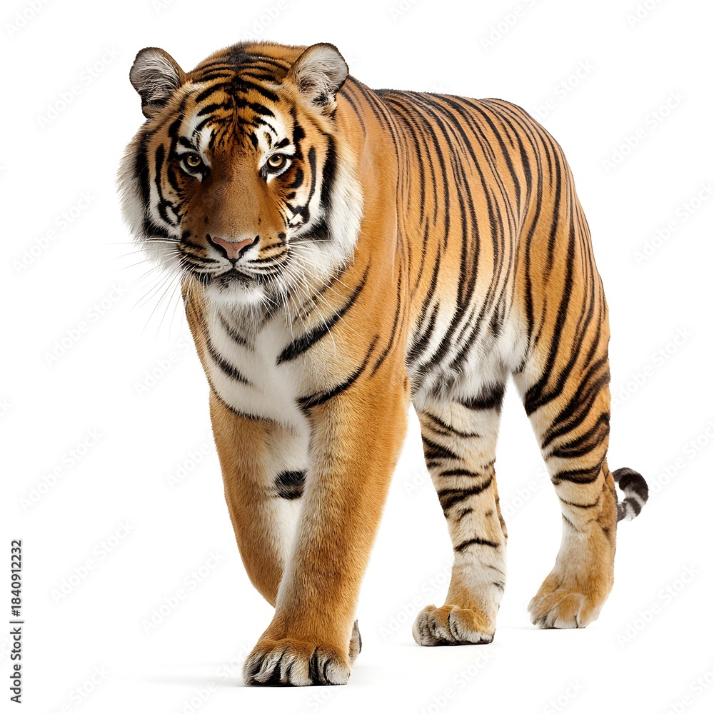 Fototapeta premium Tiger full-body portrait, sharp stripes, isolated on pure white background, 16:9.