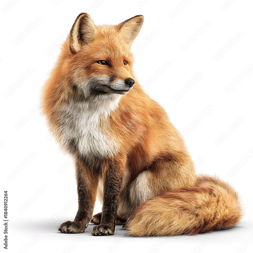 Obraz premium Red fox sitting and looking forward, ultra-realistic fur detail, pure white background, 16:9.