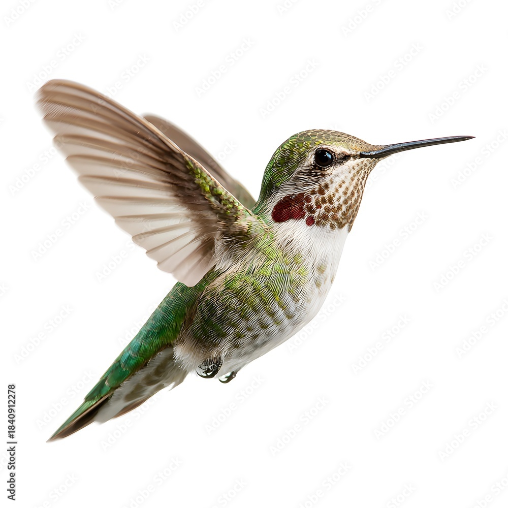 Naklejka premium Hummingbird mid-flight with wings blurred naturally, isolated on white background, 16:9.