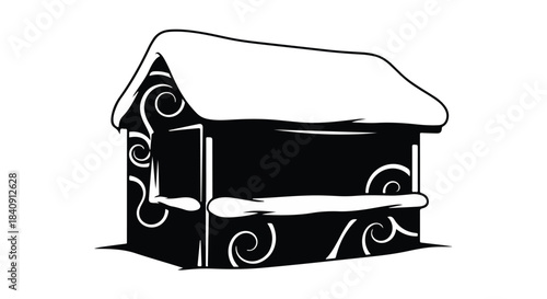 Black and white illustration of a small wooden winter market stall covered in snow.