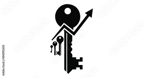 A large key with an upward trending line represents business growth and security success.