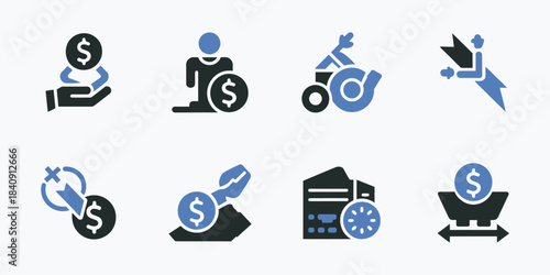 Collection of financial icons representing money management and investment concepts