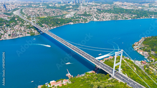 Istanbul, Turkey. Fatih Sultan Mehmet Bridge is a suspension bridge across the Bosphorus Strait, between Europe and Asia. Sunny day, Aerial View