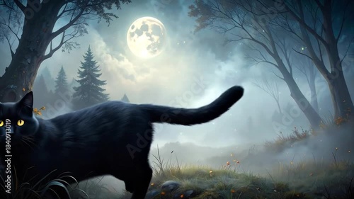 Black Cat in Mystical Forest Under Full Moon