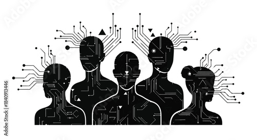 Diverse group connected by technology, symbolizing human integration with digital networks.