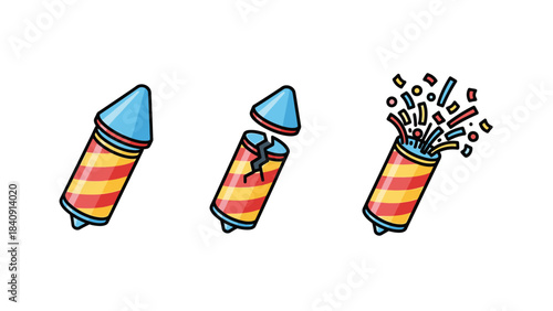 Progression of a festive firecracker from intact to a colorful explosion, perfect for celebration