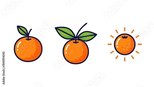 Vibrant Citrus Fruit Icon Collection Featuring Stylized Oranges with Leaves and Sunburst