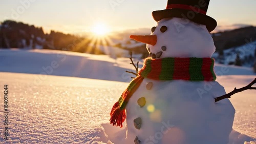 Snowman Standing in Snowy Landscape During Golden Hour Sunset.