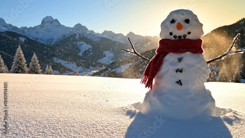 Snowman Standing in a Snowy Mountain Landscape at Sunset.