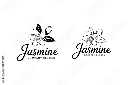 Black and white jasmine flower logo with script text and placeholder slogan floral botanical