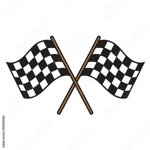 A vector illustration of two black and white checkered racing flags crossed together, designed with bold clean lines to capture speed, competition, and thrilling  motorsport.