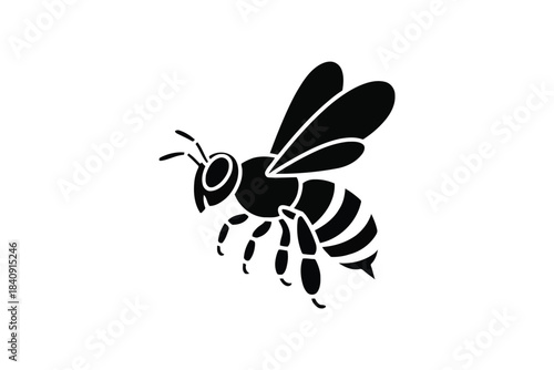 Black silhouette of a bee with striped abdomen and wings in flight on a white background insect black and white
