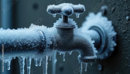 Outdoor water tap and pipe completely covered in thick frost and icicles. Frozen water drips from the metal spigot. Cold winter weather damages home plumbing.