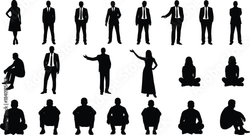 Collection of black human silhouettes in various standing and sitting poses, ideal for design, animation, posture, and body language themes.