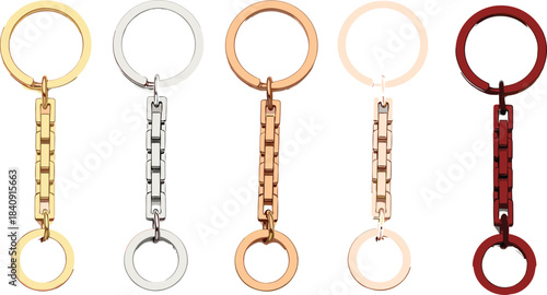 Set of colorful metal keychains with dual rings and rectangular links, ideal for product design, accessory, and vector illustration.