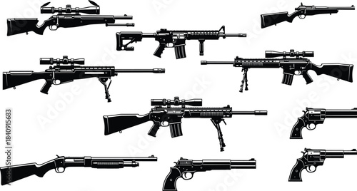 Collection of black firearm silhouettes including rifles, shotguns, revolvers, and sniper guns for military, tactical, hunting, and weapon-themed designs.