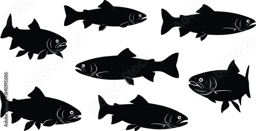 Set of black fish silhouettes in various swimming directions, ideal for fishing, nature, seafood, and aquatic-themed vector designs.