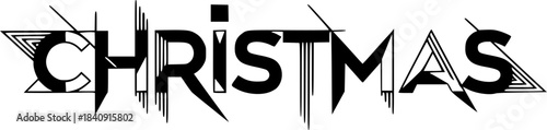 Abstract geometric black and white word Christmas with sharp angles and shapes Keywords: Christmas, holiday, celebration, winter, festive, season, greeting, text, word, typography, lettering