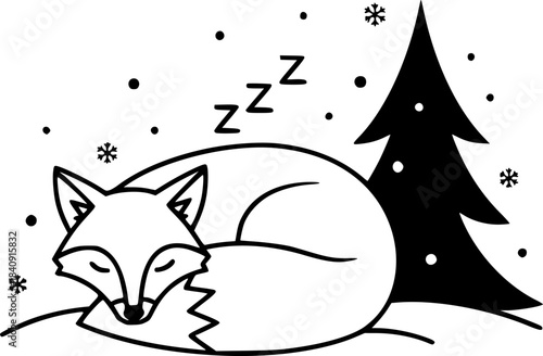 Sleeping fox curled up in snow next to a Christmas tree with falling snowflakes winter
