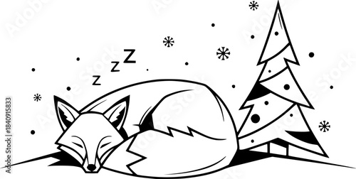 Sleeping fox curled up in snow next to a Christmas tree with falling snowflakes winter
