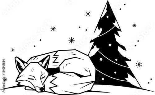 Sleeping fox curled up in snow next to a Christmas tree with falling snowflakes winter
